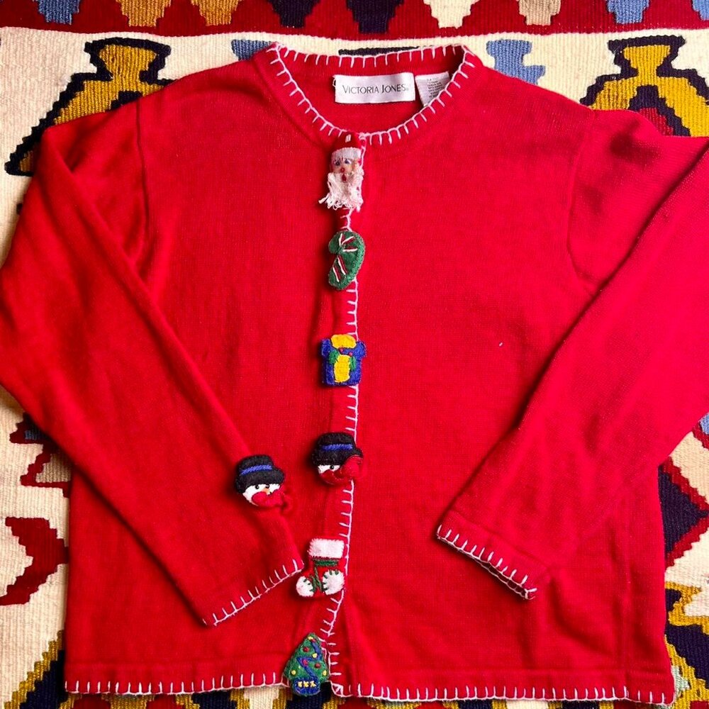 Red Christmas Character Button Cardigan Sweater